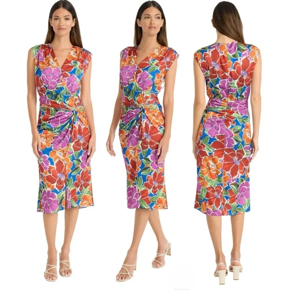 Maggy London Nevein Floral Print Charmeuse V-Neck Cap Sleeve Drape Dress Size 4